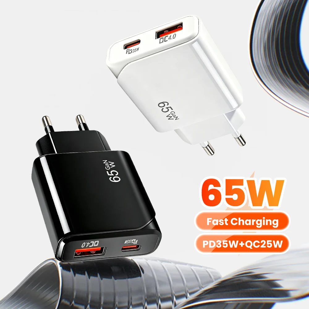 65W GaN USB-C Fast Charger – Ultra-Thin Dual-Port PD/QC Wall Adapter for iPhone, Samsung, and Xiaomi Devices