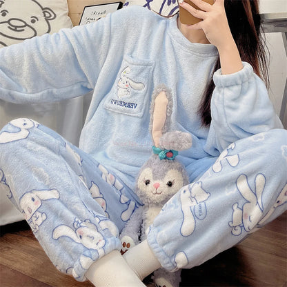 Sanrio Anime Cinnamoroll Pajamas, Kawaii Kuromi and My Melody Flannel Pullover, Coral Velvet Winter Warm Pajamas, Homewear for Girls Gifts