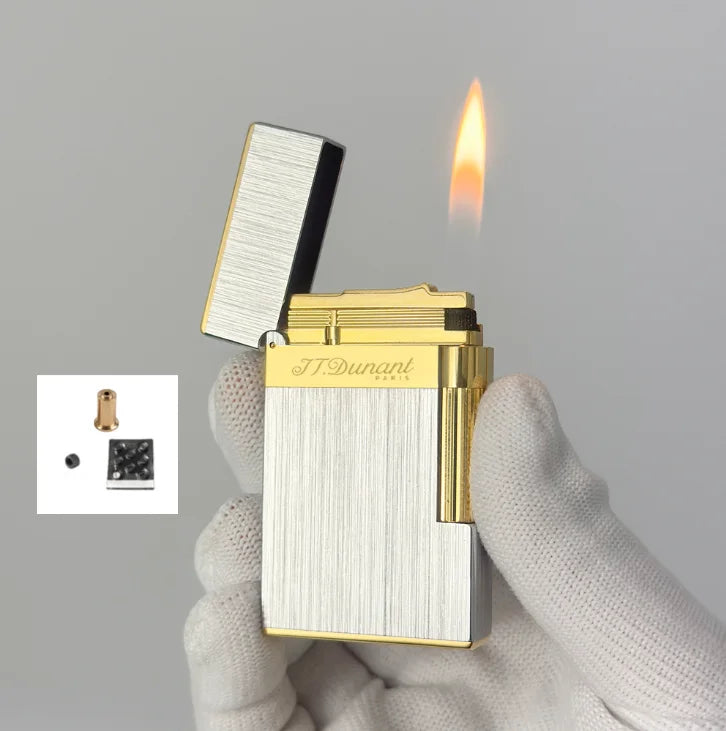 JT.Dunant Luxury Brass Gas Lighter - Refillable Butane Cigarette & Cigar Accessory with Vertical Pattern Design