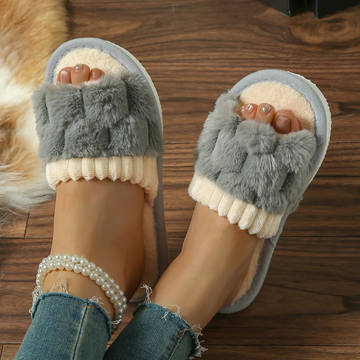 Women’s Cotton Plush Slippers – Warm Non-Slip Comfortable Flat Slides for Winter & Autumn