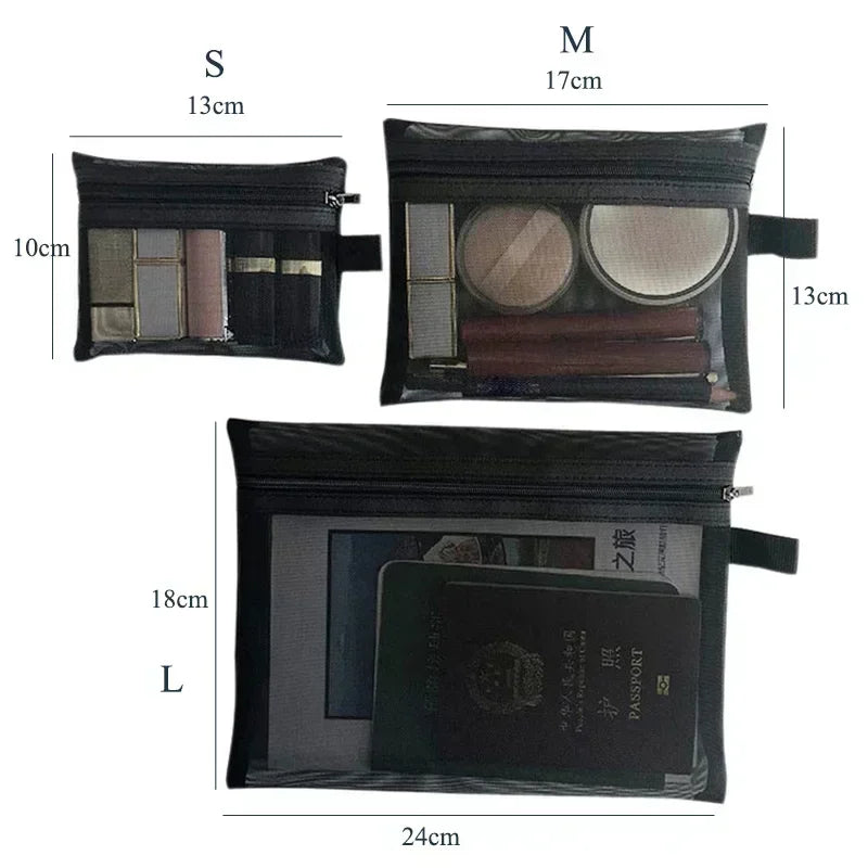 Transparent Mesh Zipper Cosmetic Bag – Fashionable Black Toiletry Organizer, Small & Large Makeup Pouch for Women