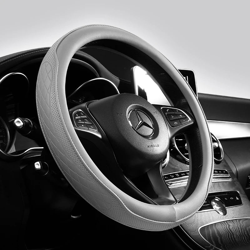 Napa Leather Perforated Patchwork Steering Wheel Cover - Non-slip & Breathable, Universal 15 Inch (38cm)