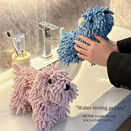 Cute Cartoon Dog Chenille Hanging Hand Towel – Soft, Absorbent Bathroom & Kitchen Drying Puff
