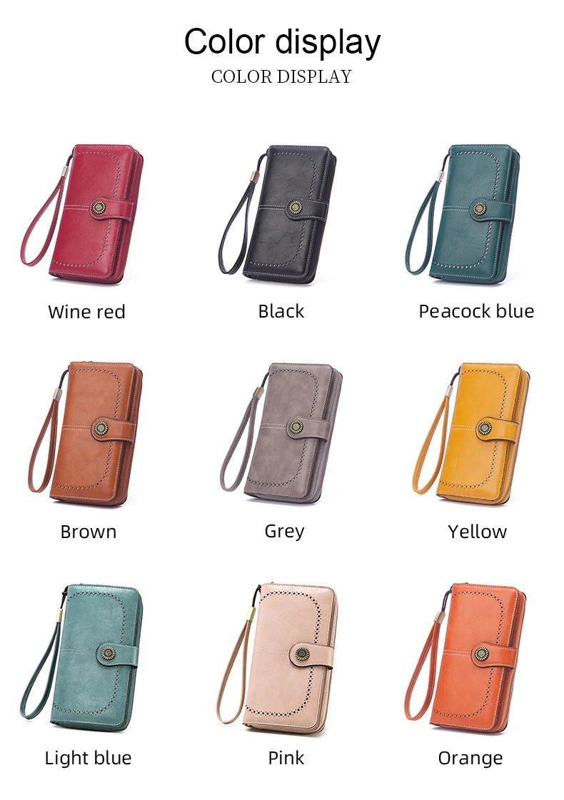 Vintage Large Capacity Women's Purse – Monochromatic Multi-Card Long Wallet with Zipper & Wrist Strap