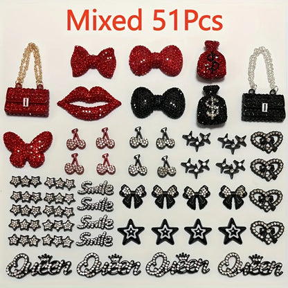 43PCS Luxury Charm Set — Diamond Bow, Perfume Bottle, Butterfly & Lip Decorations for Phone Case, Purse, and DIY Crafts