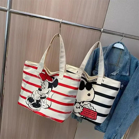 Disney Minnie & Snoopy Cartoon Canvas Tote Bag – Large Capacity Cute School & Mommy Bag for Books, Students & Everyday Use
