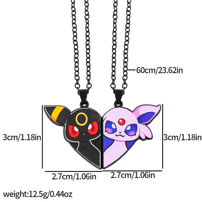 Eevee Pendant Necklace - 2-Piece Cute Cartoon Heart Patchwork Anime-Style Metal Jewelry Set
