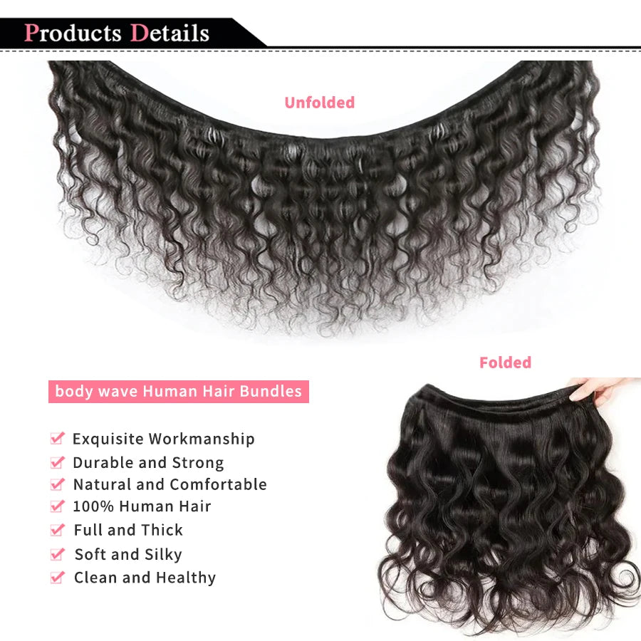 Body Wave Bundles – 100% Brazilian Human Hair Weave Extensions, Natural Black, 3PCS Bundle Deal