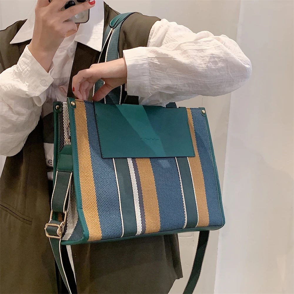 MOODS Quality Canvas Tote Bag for Women 2023 – Luxury Designer Handbag, Contrast Color Striped, Big Shoulder Crossbody Shopper Totes