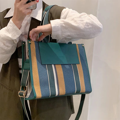 MOODS Quality Canvas Tote Bag for Women 2023 – Luxury Designer Handbag, Contrast Color Striped, Big Shoulder Crossbody Shopper Totes