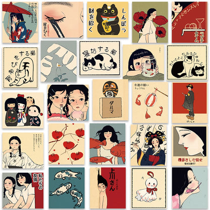 50pcs Retro Japanese Cartoon Stickers – Waterproof Aesthetic Graffiti Decals for Laptop, Luggage, Guitar & Skateboard