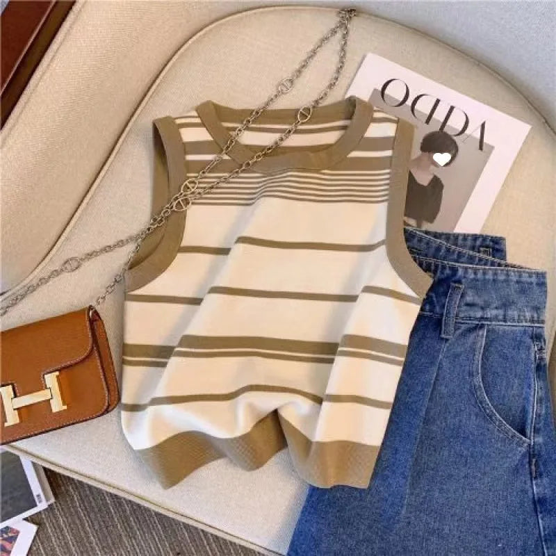 Women's Casual Striped Knit Sleeveless Tank Top with Contrast Trim – Pink, Black & White