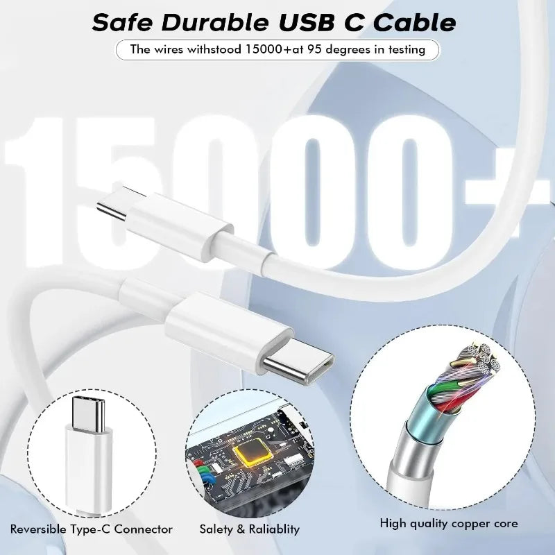 PD 60W USB-C to USB-C Fast Charging Cable – 2M Power Delivery Cord for iPhone 6-16 Series, iPad & USB-A Devices