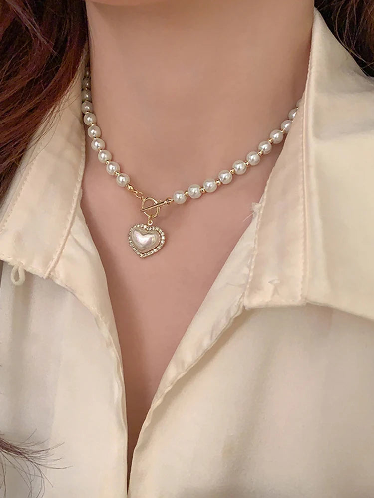 Elegant Pearl Necklace for Women – Heart Pendant Luxury Imitation Pearls Chain, Korean Jewelry Gift for Girls