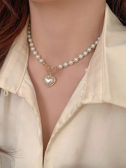 Elegant Pearl Necklace for Women – Heart Pendant Luxury Imitation Pearls Chain, Korean Jewelry Gift for Girls
