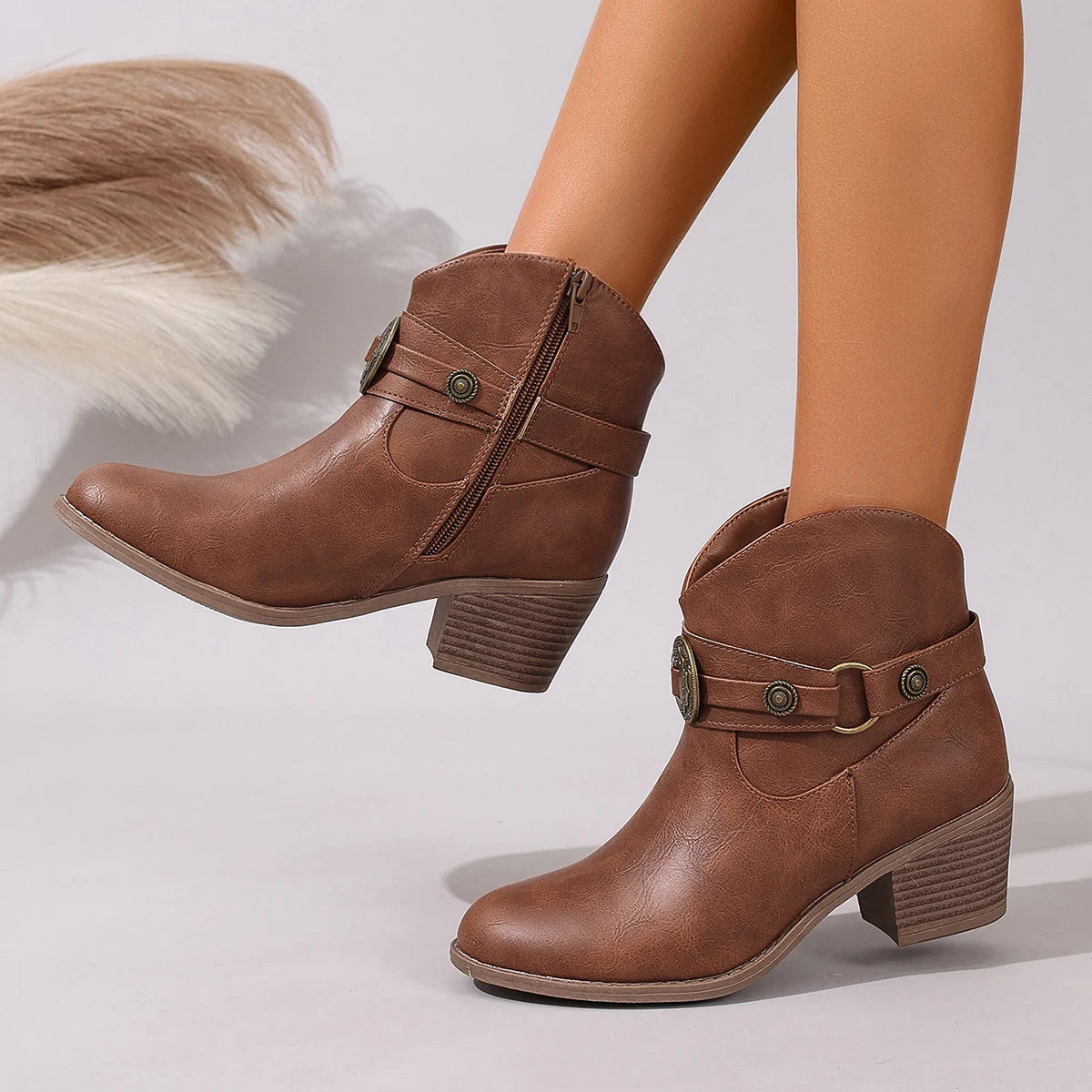 Women’s Round Toe Buckle Strap Boots – Copper Side Zipper Comfortable Versatile Commuting Bare Boots