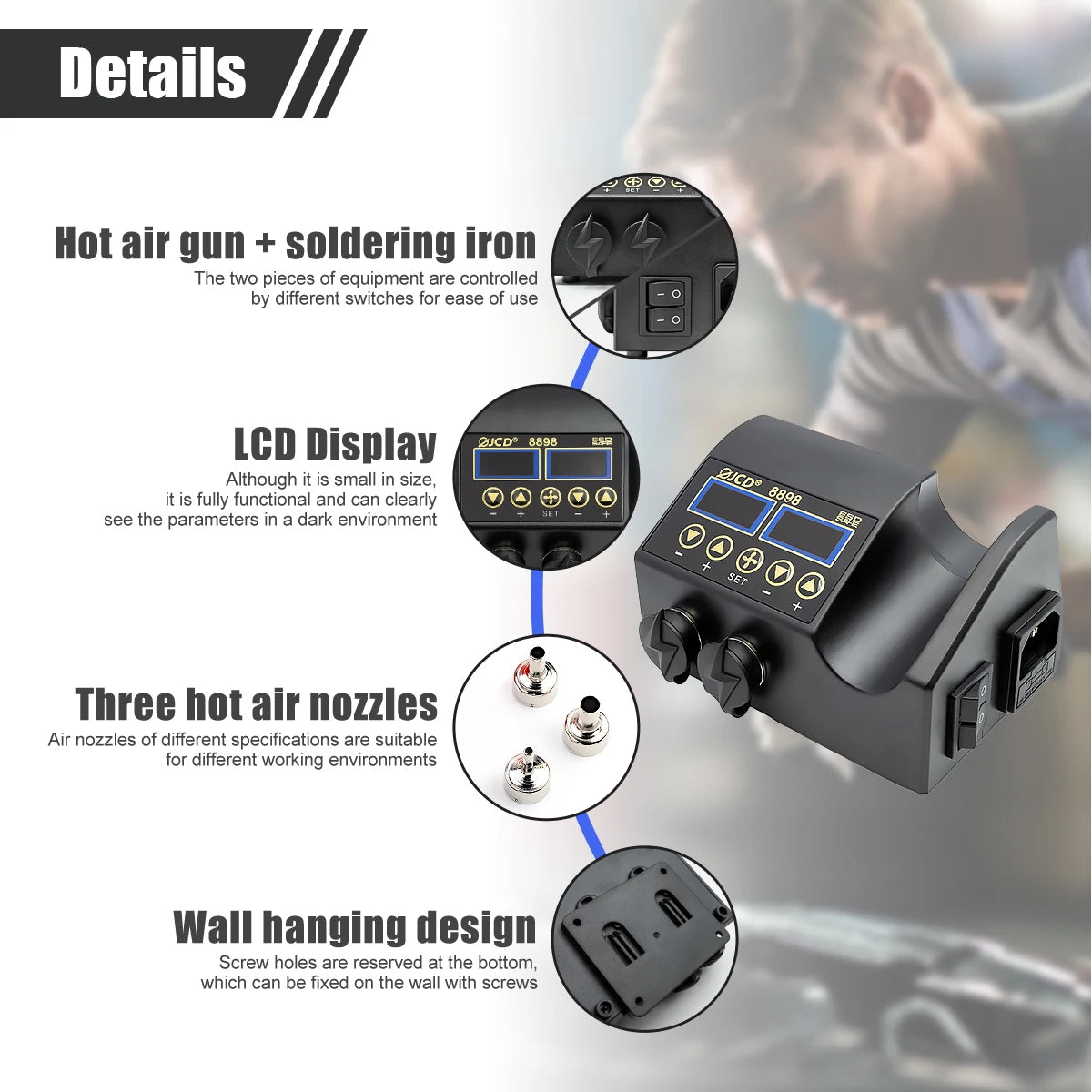 JCD 8898 2-in-1 Soldering Station 750W – Soldering Iron & Hot Air Gun for BGA SMD Phone Repair & Welding