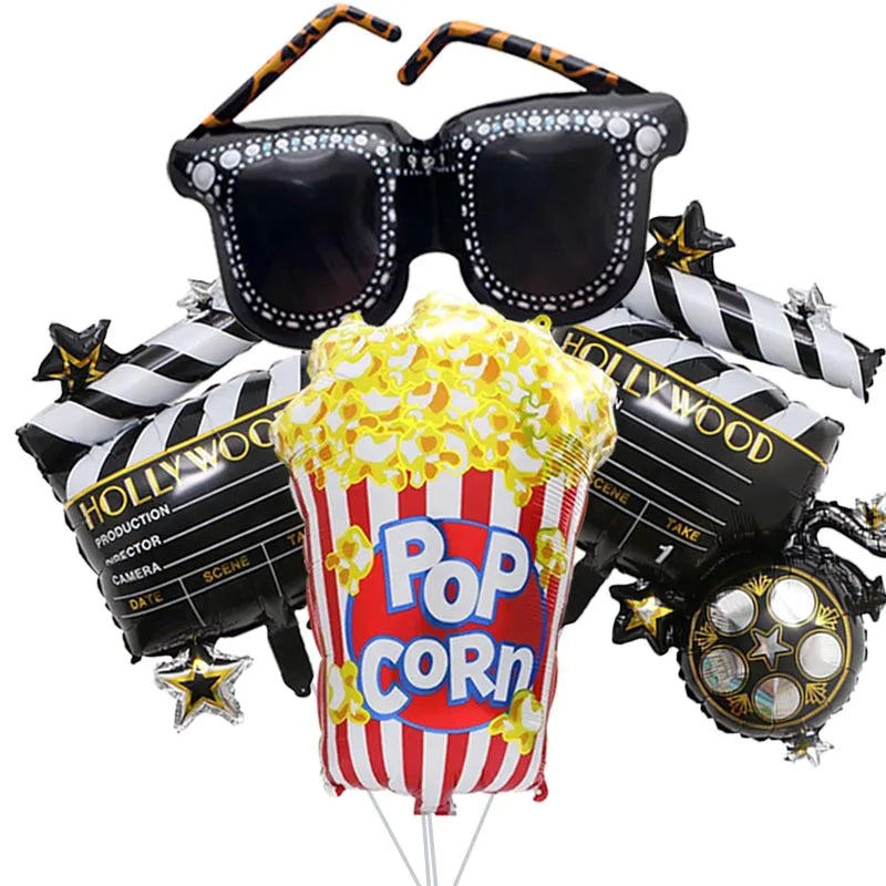4-Piece Movie Night Party Decorations - Projector, Sunglasses and Popcorn Foil Balloons for Birthday Celebrations