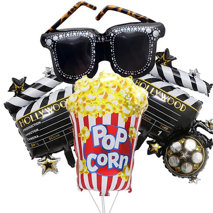 4-Piece Movie Night Party Decorations - Projector, Sunglasses and Popcorn Foil Balloons for Birthday Celebrations
