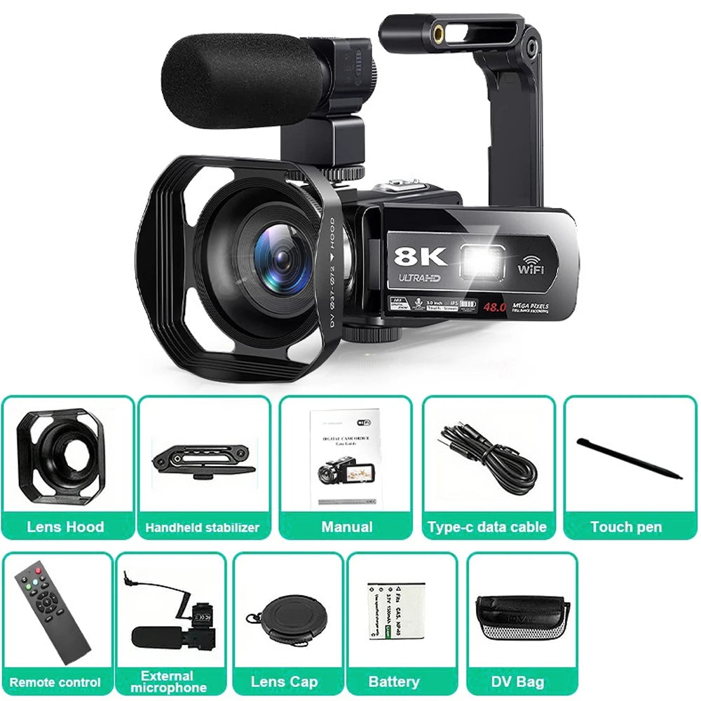 8K Digital Video Camera – 64MP Professional Recorder with 18X Digital Zoom, 3-Inch LCD Touch Screen Camcorder
