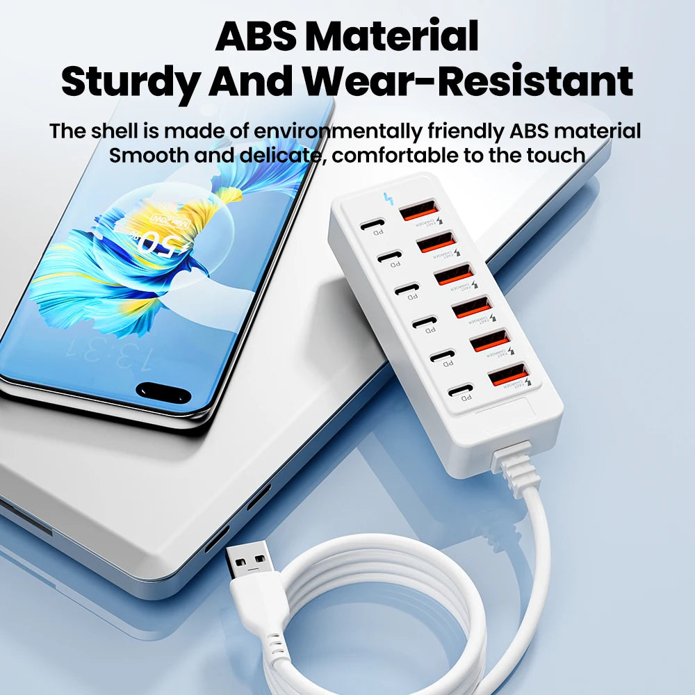 12-in-1 Power Strip & USB Charger Station — Multi-Port Wall/Desktop Adapter with USB-C Fast Charging for iPhone & Samsung