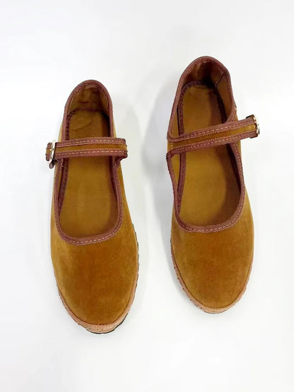 Women's Velvet Mary Jane Shoes – Hand-Stitched Ballet Flats, Casual Streetwear Loafers in Solid Colors