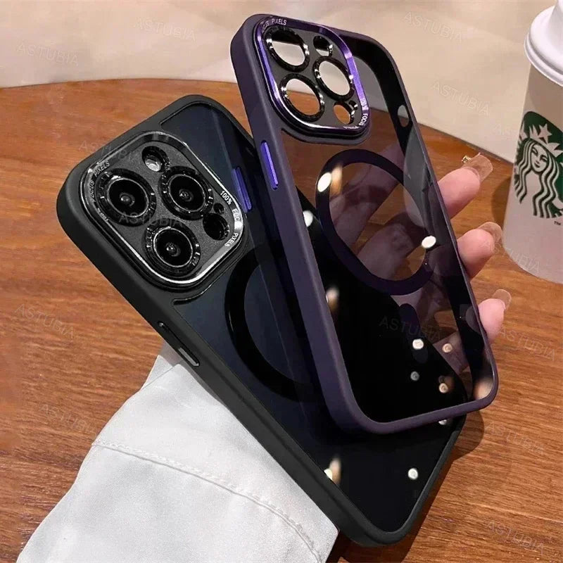 Luxury Magnetic Metal Lens Case – Hard Clear Protective Cover for iPhone 16, 15, 14, 13, 12, 11 Pro Max with Wireless Charging
