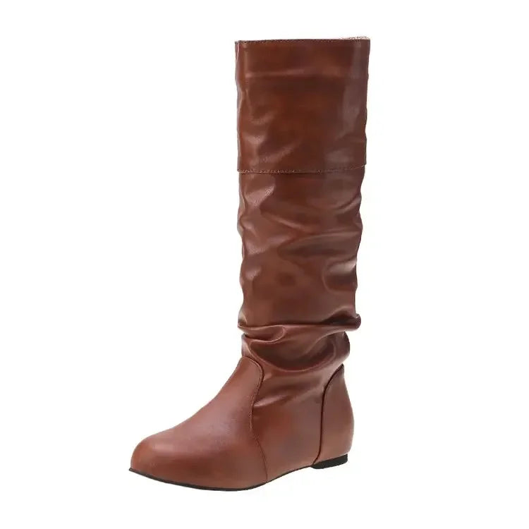 Women’s Mid-Calf Cowboy Boots – Flat Western Style Faux Leather Spring Autumn Shoes 35–43