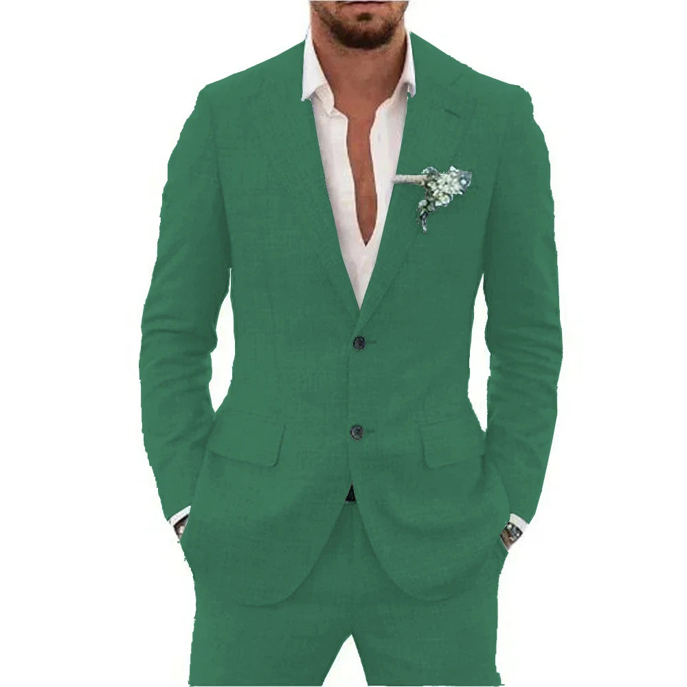 Men's Linen Suit Set - Slim Fit Notched Lapel 2 Piece Wedding & Beach Tuxedo Outfit For Summer Casual Formal Wear