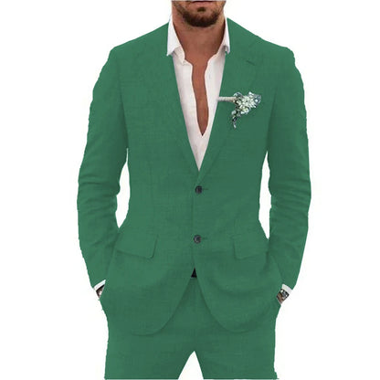 Men's Linen Suit Set - Slim Fit Notched Lapel 2 Piece Wedding & Beach Tuxedo Outfit For Summer Casual Formal Wear