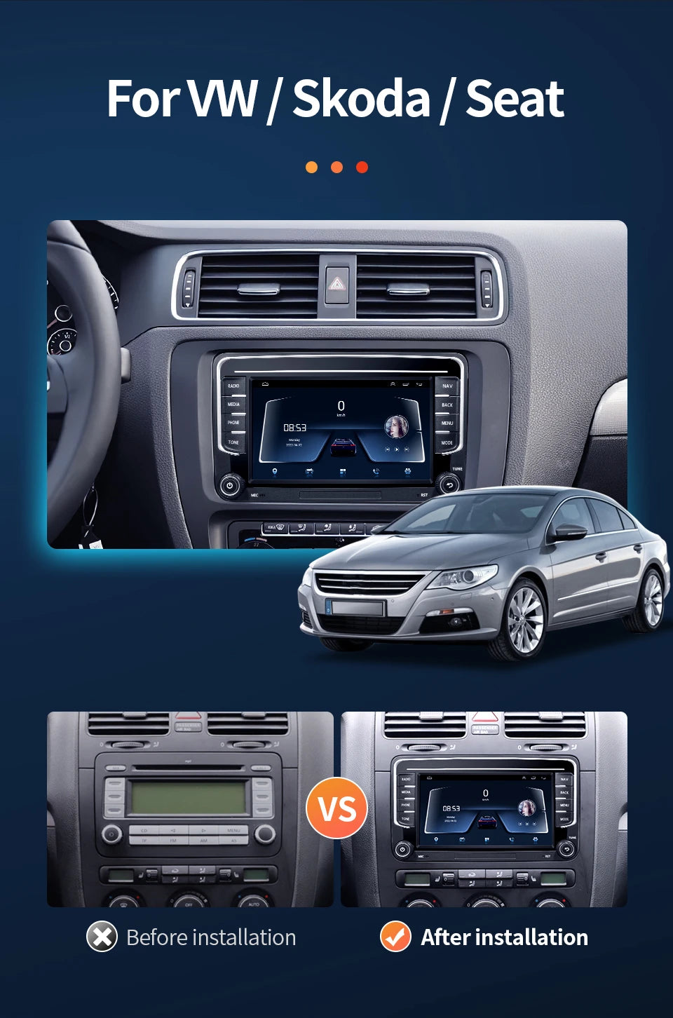 GRANDnavi Android 13 Car Radio GPS - 2Din Multimedia Player for VW, Skoda Octavia, Golf 5/6, Passat B6, Polo, Jetta