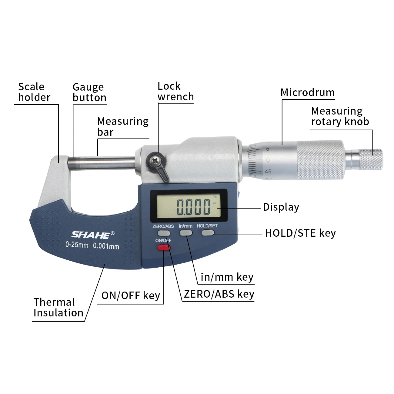 SHAHE 0.001mm Electronic Outside Micrometer — 0-25mm Digital Caliper Gauge for Precision Measurement