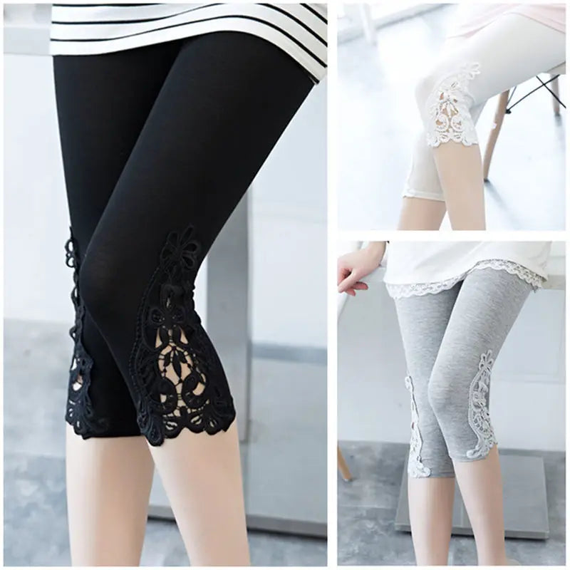Women’s Lace Cropped Leggings - Stretchy 3/4 Length Fitness and Summer Sports Pants