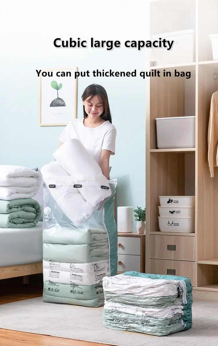 No-Pump Vacuum Storage Bags – Large Plastic Compression Bags for Clothes, Blankets & Travel Accessories