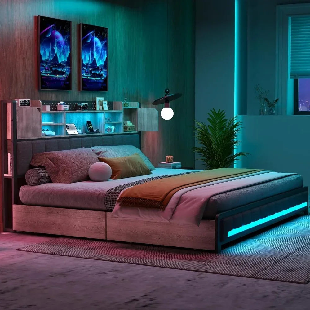 Queen Bed Frame with 4 Storage Drawers – Upholstered LED Bed with Bookcase Headboard, Type-C & USB Charging Station