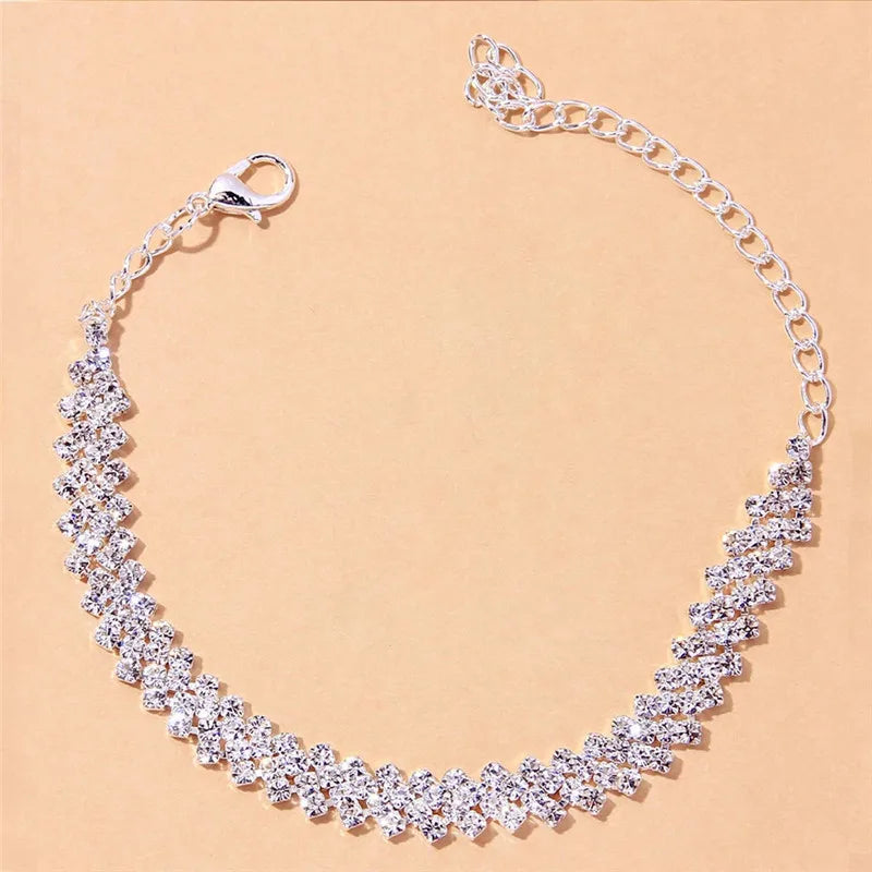 Women’s Silver Cubic Zirconia Anklet – Shining Chain Ankle Bracelet Barefoot Sandal Foot Jewelry