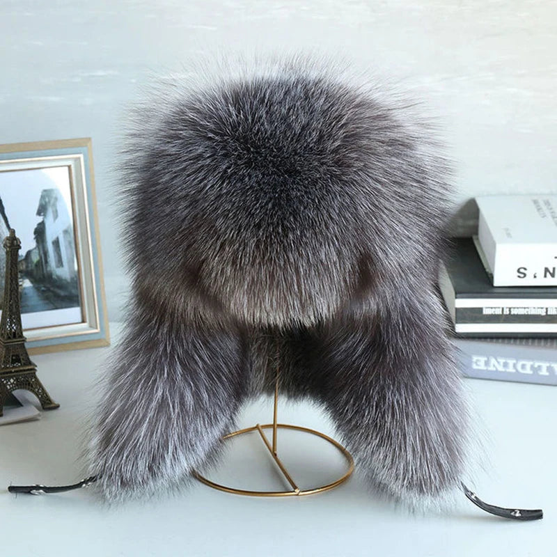 Natural Raccoon & Fox Fur Russian Ushanka Hat – Women’s Black Winter Bomber Cap with Ear Flaps