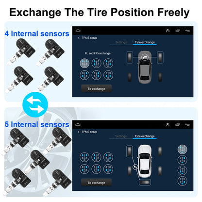 JMCQ USB Android TPMS Tire Pressure Monitoring System – 5 Internal/External Sensors with Display & Alarm for Car Navigation Radio