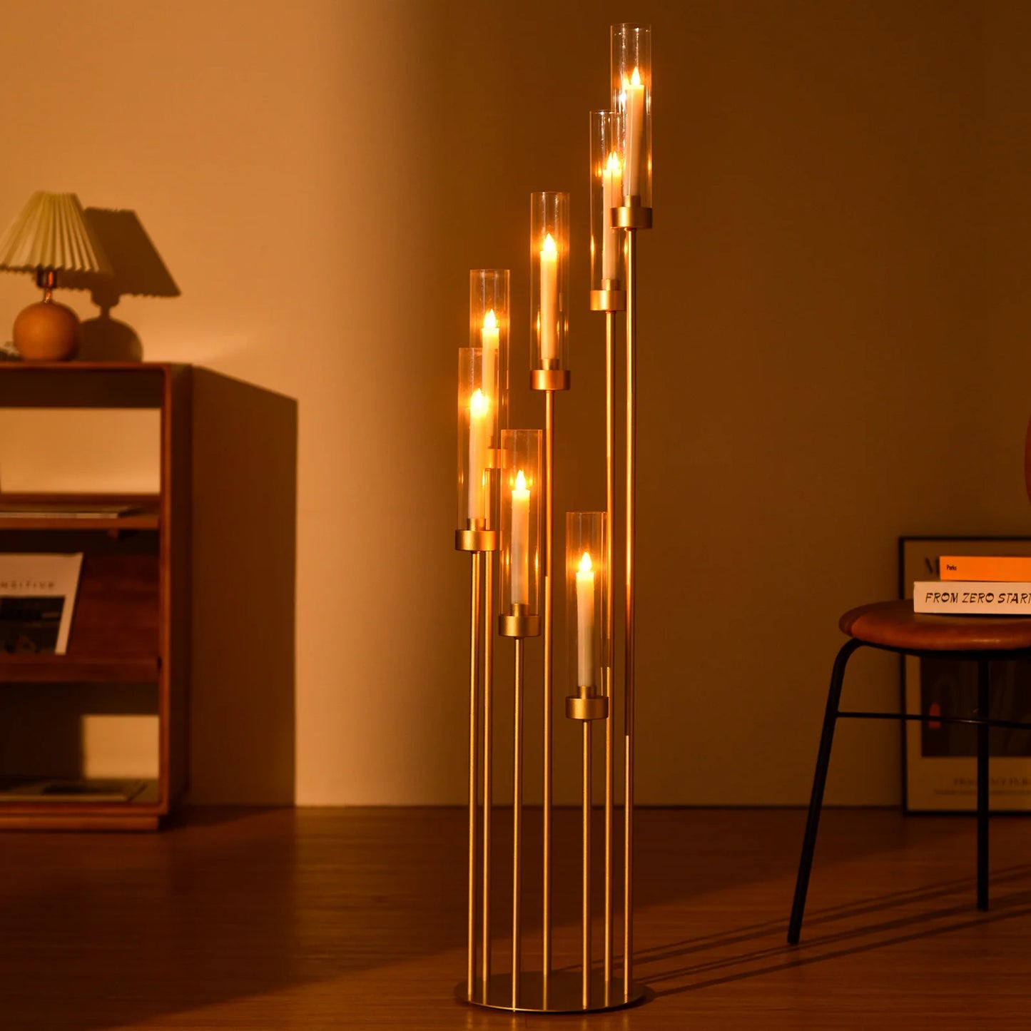 4 Sets 7-Arm Floor Candelabra – 48" Gold Metal Candlestick Holders with Removable Acrylic Lampshades, Wedding Centerpiece Decor