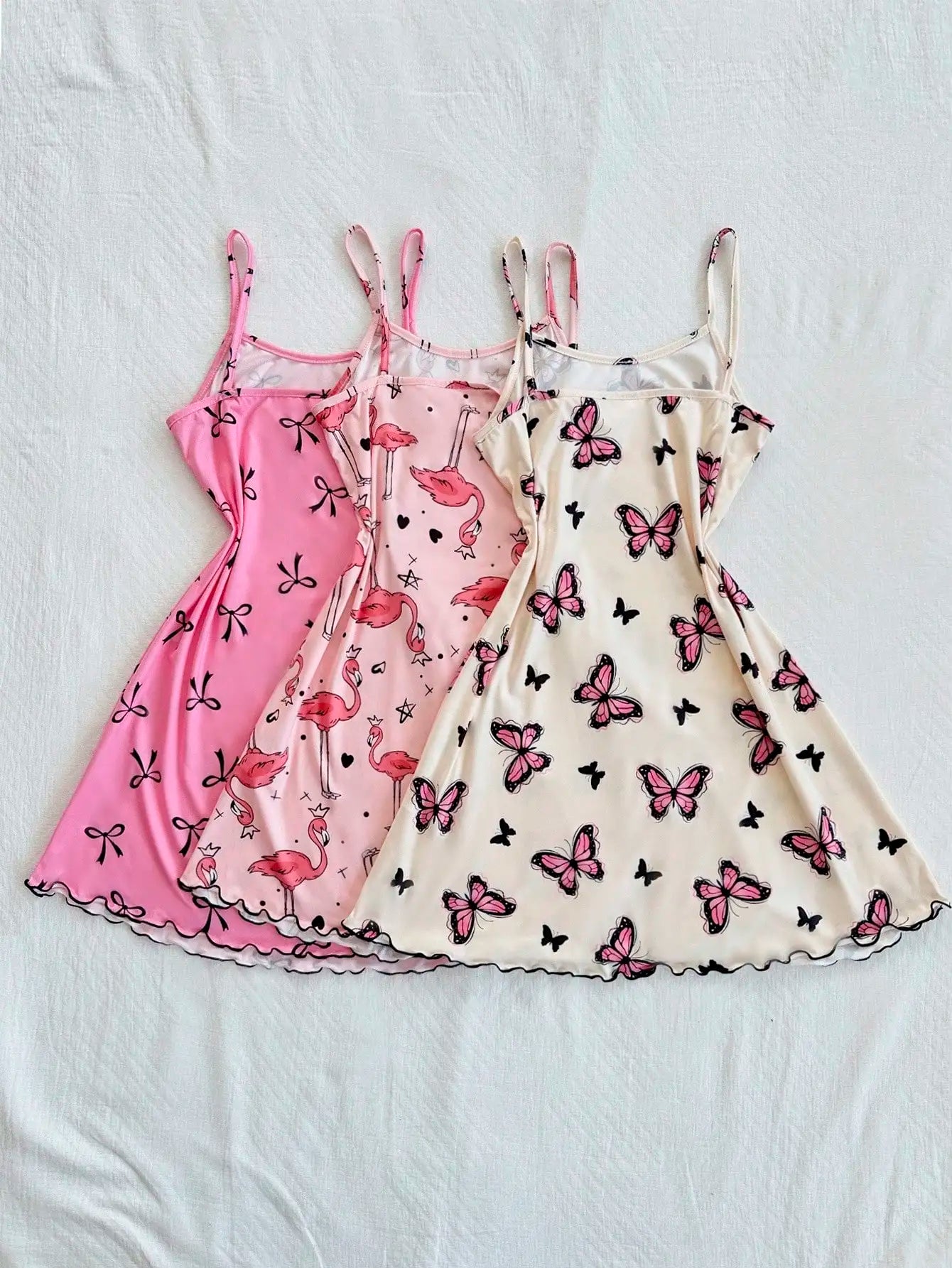 3-Piece Women's Camisole Nightgown Set – Cute Butterfly, Bow & Flamingo Print Sleepwear