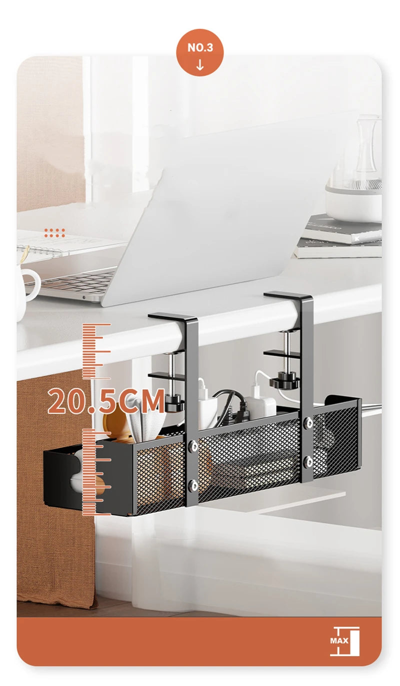 No-Drill Extendable Under Desk Cable Management Tray | Retractable Power Strip & Cord Holder with Clamp