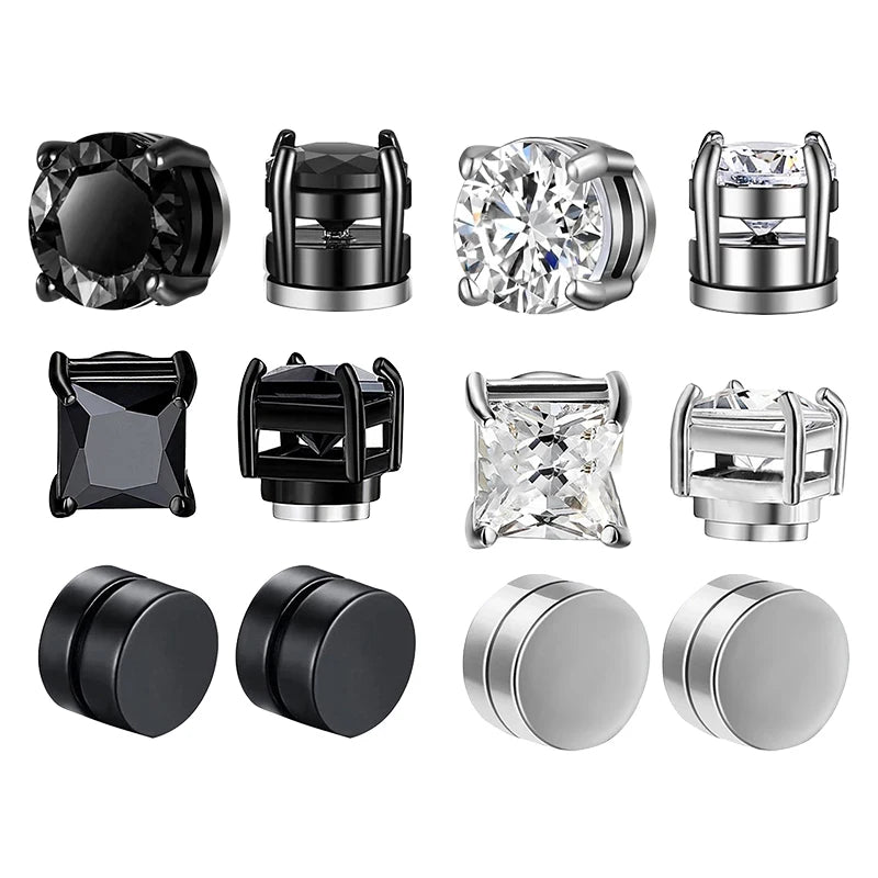 Crystal Strong Magnetic Ear Stud Clip Earrings - Punk Round Zircon Non-Piercing Earrings for Men & Women
