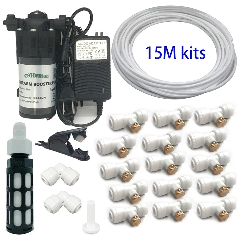 DIY Quiet Misting Cooling Kit – DC24V Pump Fog Nozzle Sprayer System for Patio, Garden, Greenhouse & Backyard Cooling