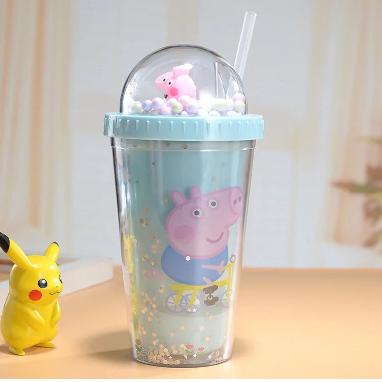 450ML Peppa Pig Plastic Water Bottle – Double-Layer Tumbler with Straw, George Pig Design, Gift for Girls