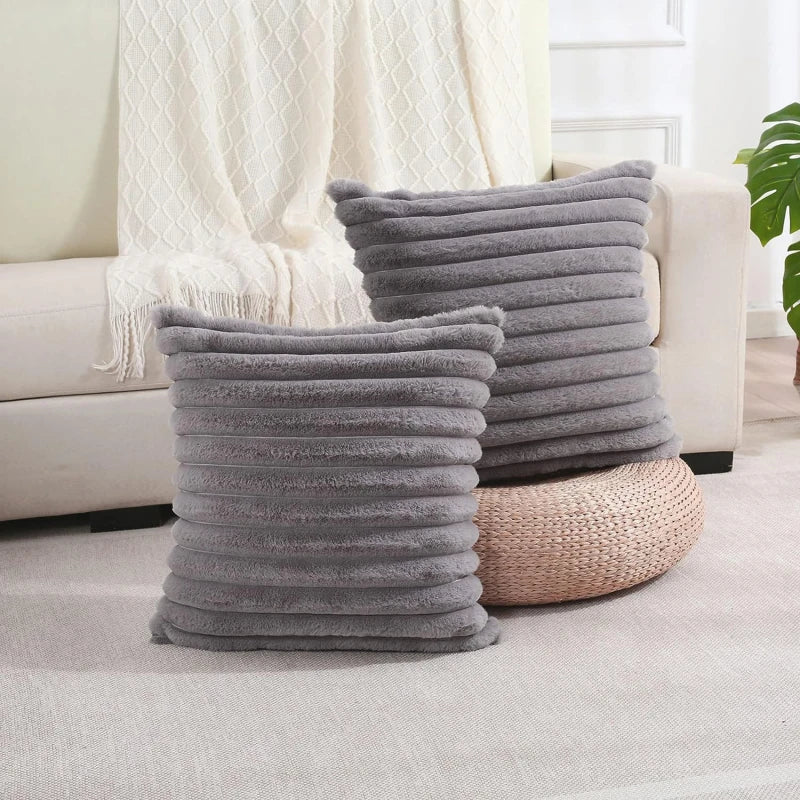Faux Rabbit Fur Square Cushion Cover – Thick Striped Super Soft Solid Color Pillow, 45x45cm Sofa Decor