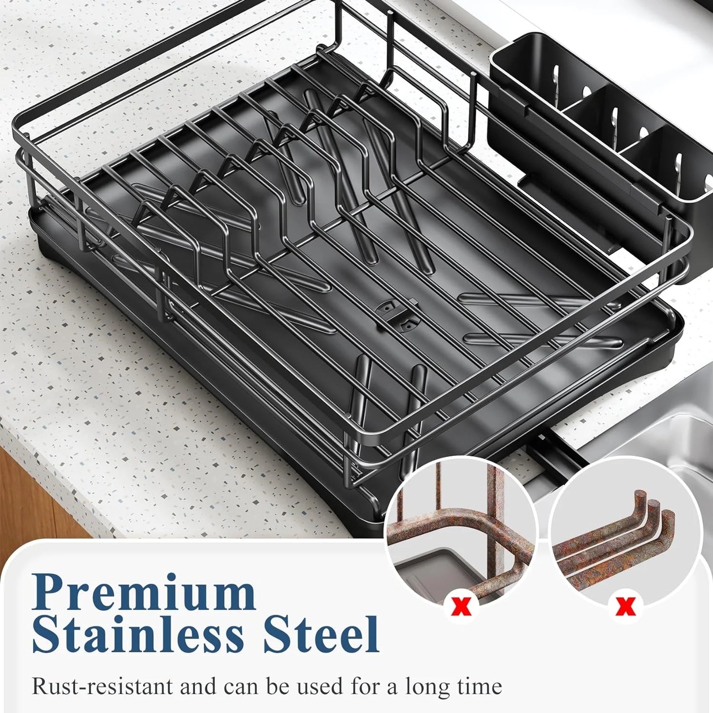 Large Kitchen Dish Drying Rack — Rustproof Dish Drainer with Drainboard & Utensil Holder for Sink