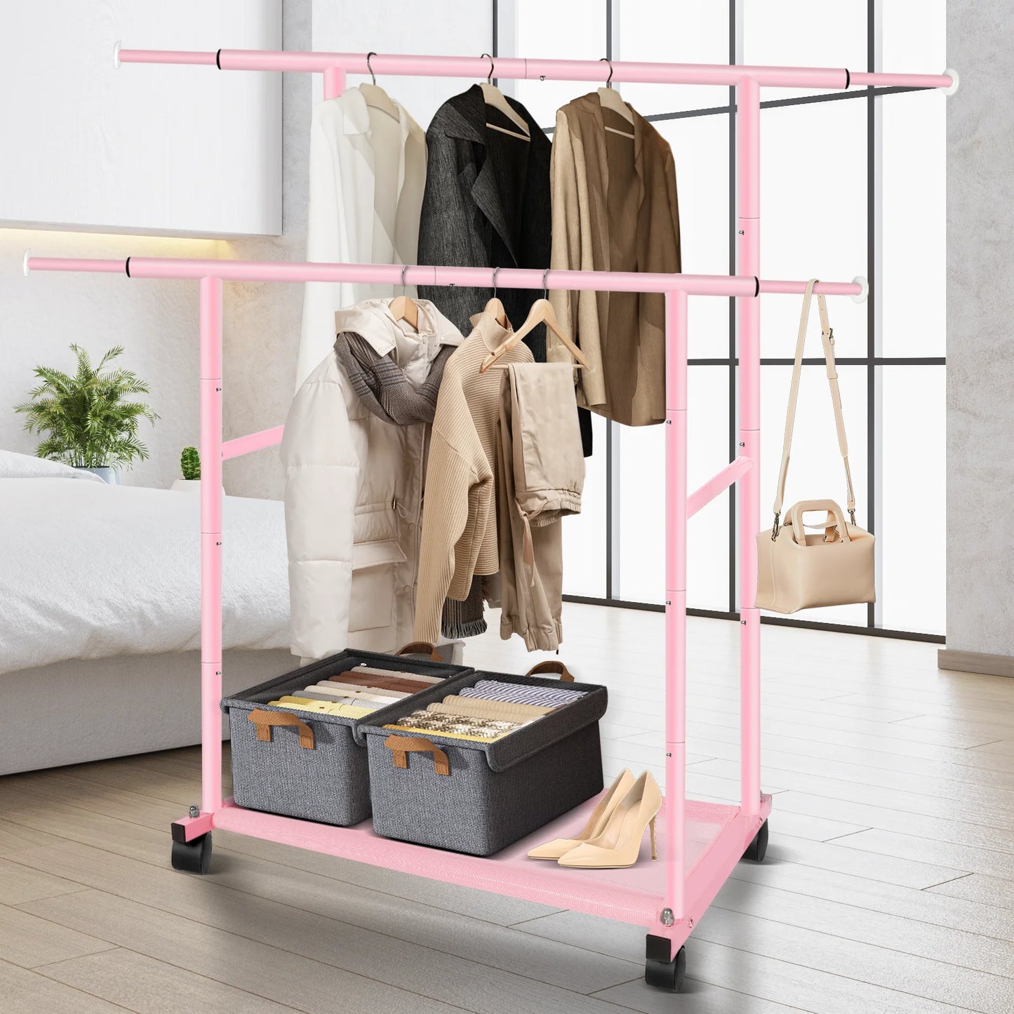 Pink Twin-Pole Rolling Clothes Rack with Net Shelf – Cute Metal Garment Rack, Strong Load-Bearing Storage
