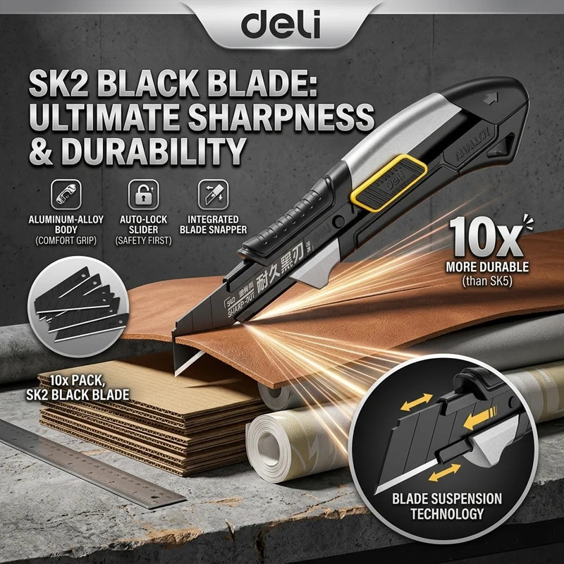 Pro Aluminum Utility Knife 18mm - SK2 Black Blade Heavy-Duty Box Cutter with 10 Replacement Blades