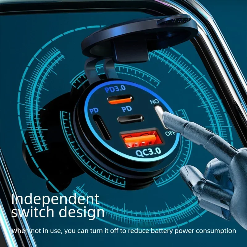 USB Car Charger 12/24V - Dual Socket PD3.0 & QC3.0 Fast Charging Station with LED Voltmeter Switch