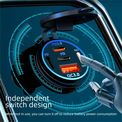 USB Car Charger 12/24V - Dual Socket PD3.0 & QC3.0 Fast Charging Station with LED Voltmeter Switch